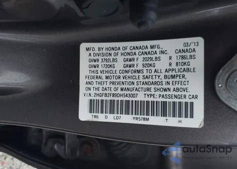 2013 Honda Civic Ex z USA, uszkodzony, nr VIN 2HGFB2F89DH543007